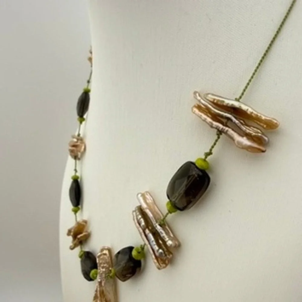 Biwa Pearl Smoky Quartz Necklace Champagne Stone Hand Knotted Toggle Artisan